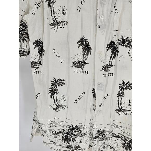 Vintage St Kitts Mens Sz XL Short Sleeve Button Up Collared Shirt White Black - Picture 2 of 4